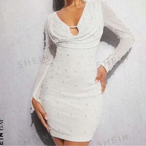 Draped front pearls beaded bodycon dress